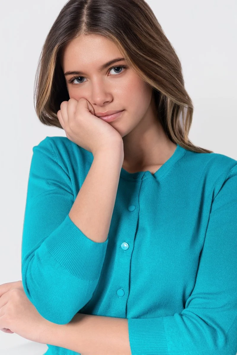 3/4 Sleeve Knit Cardigan (Teal Green) - Image 6