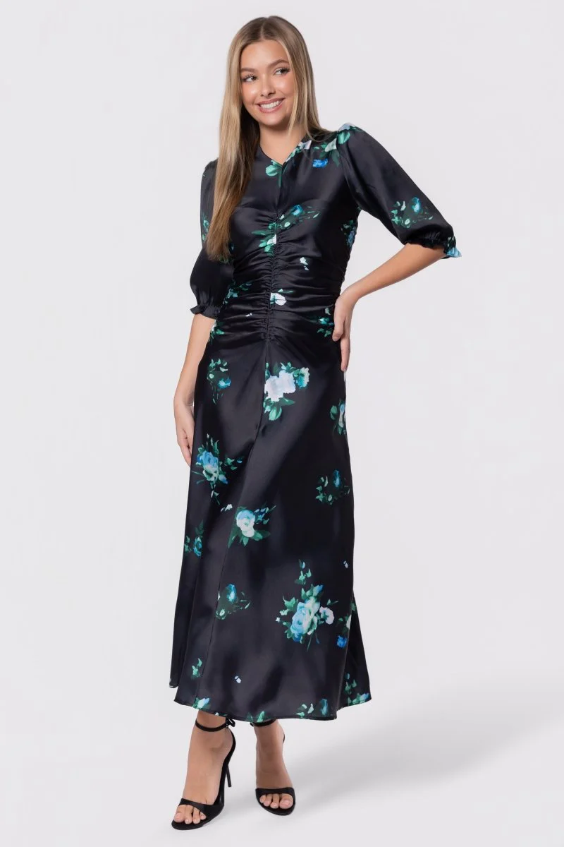 Audrey Dress Short Sleeve (Dark Green Flower)